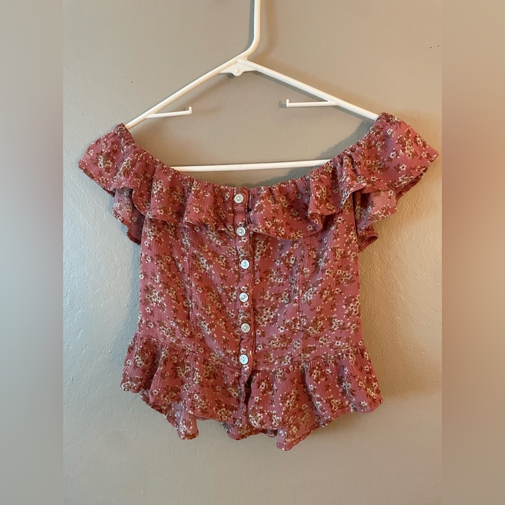 American Eagle, frilly crop top, flowers, buttons